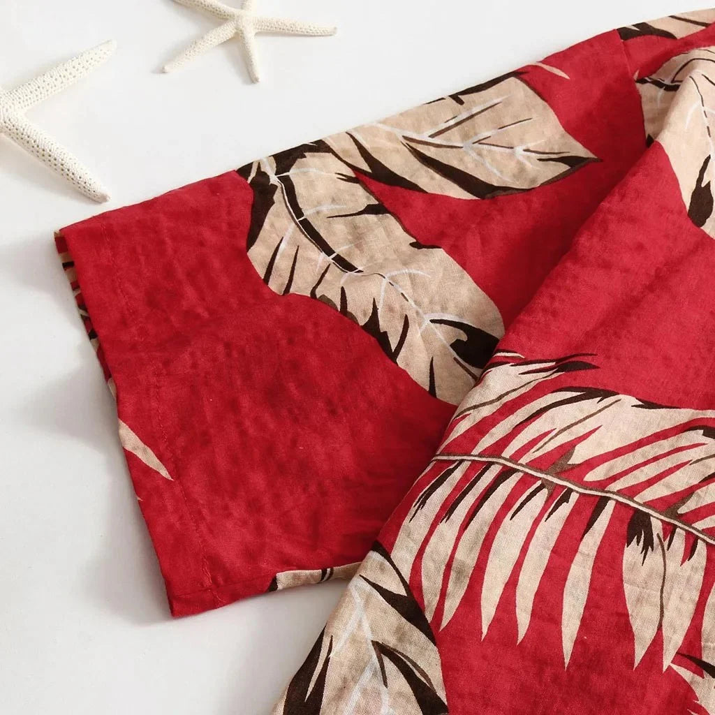 Tropical Leaf Print Red Shirt